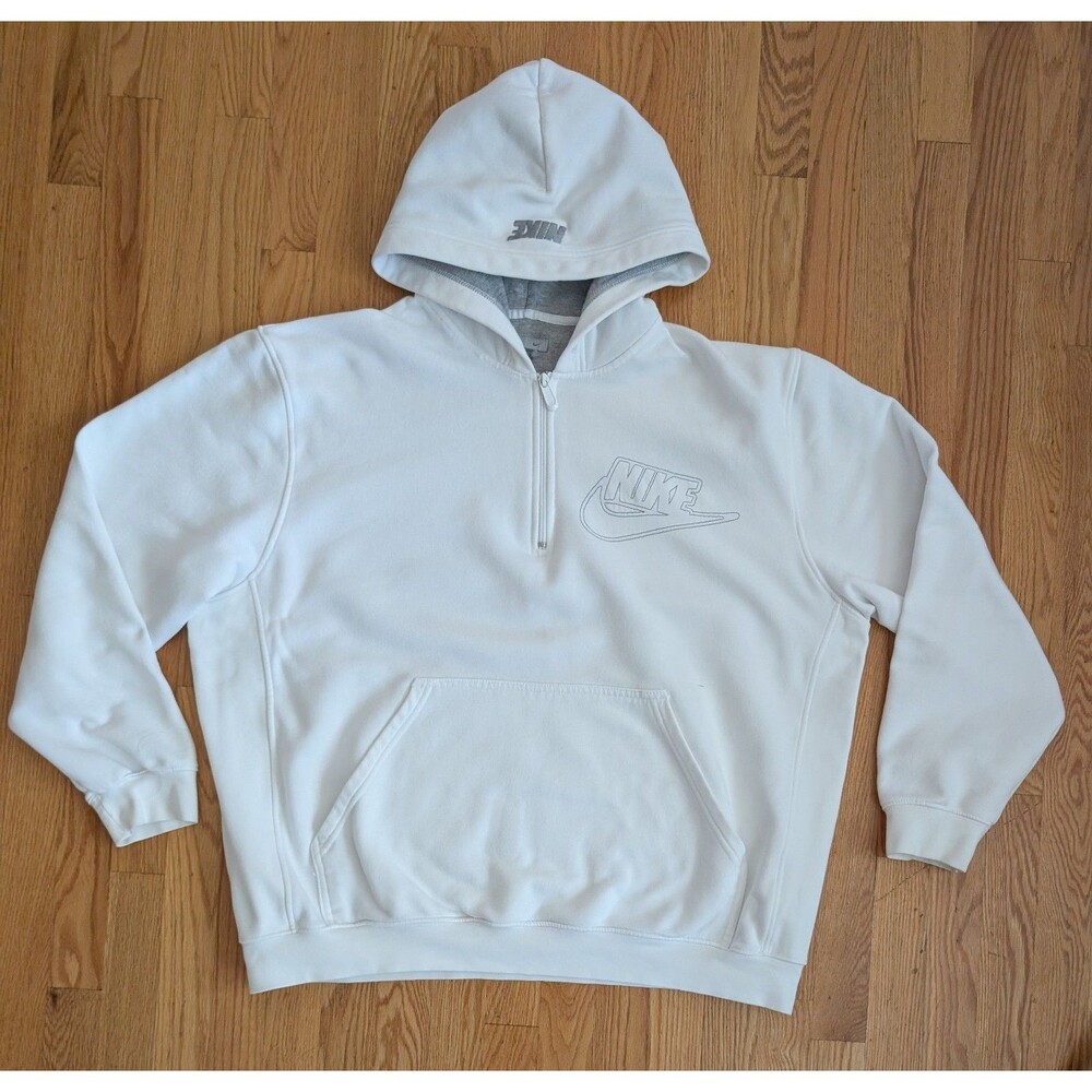 Vintage Y2K Nike Men's XL White Hoodie Silver Pullover Half Zip Embroidered Logo
